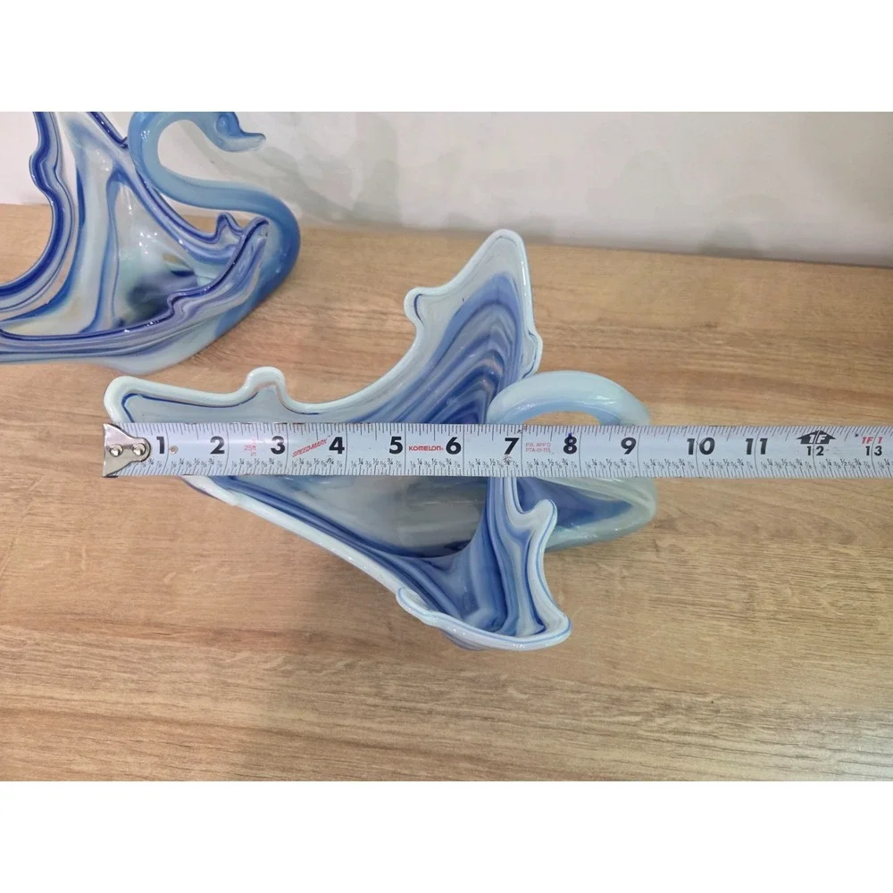 Pair of Vintage 70s Sooner Blown Glass Swan Bird Dishes Blue White Swirl 10''